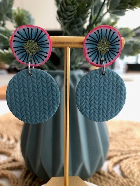 Organic Flower/Knit Circle Drops - Blue