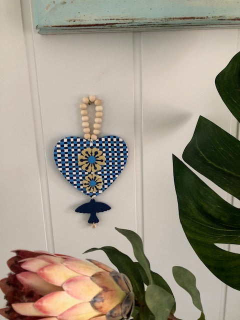 Art Heart Wall Hanging - Blue Gingham