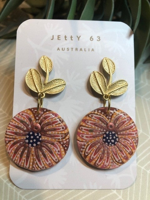 Flower Burst Dangles - Taupe/Tangerine
