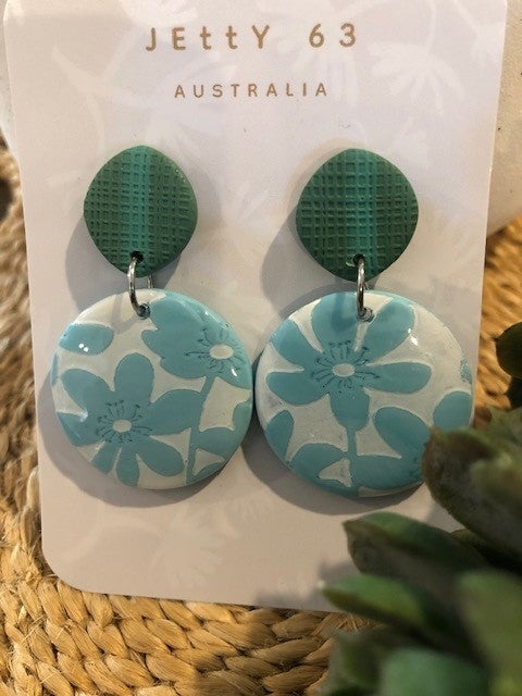 Textured Round Floral Drops - Green/White/Aqua