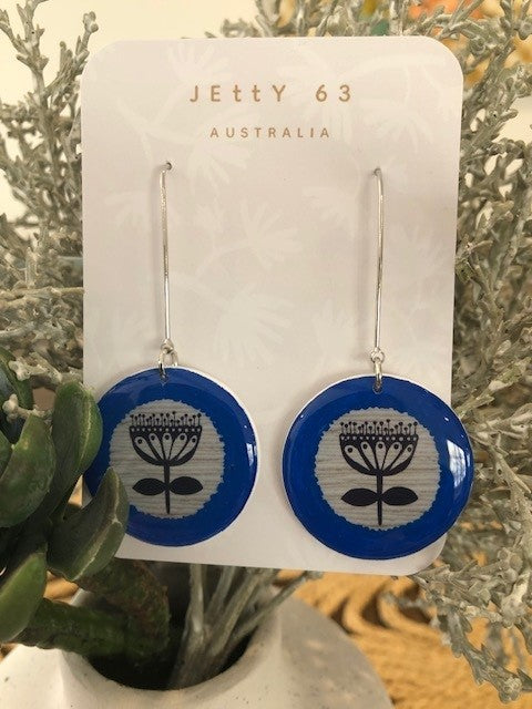 Round Flower Dangles - White/Cobalt/Navy/Grey