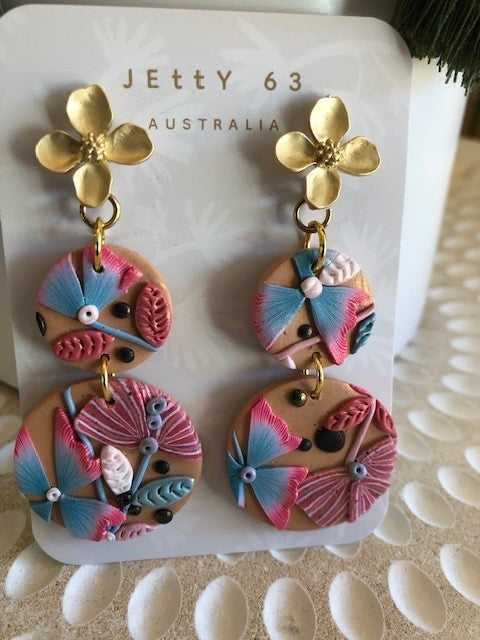 Double Detailed Floral Drops - Camel/Black/Blue/Pink/Gold Shimmer