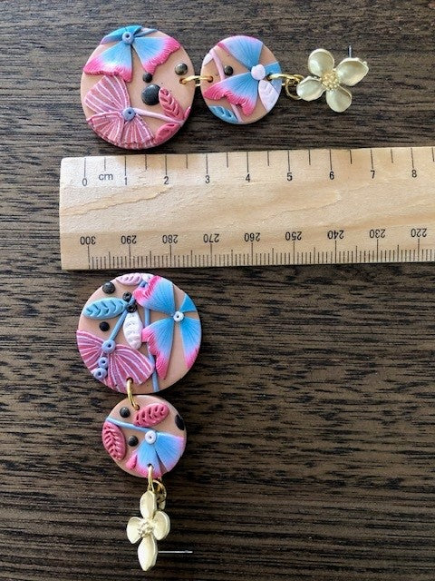 Double Detailed Floral Drops - Camel/Black/Blue/Pink/Gold Shimmer