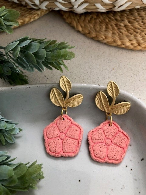 Textured Floral Leaf Dangles - Coral